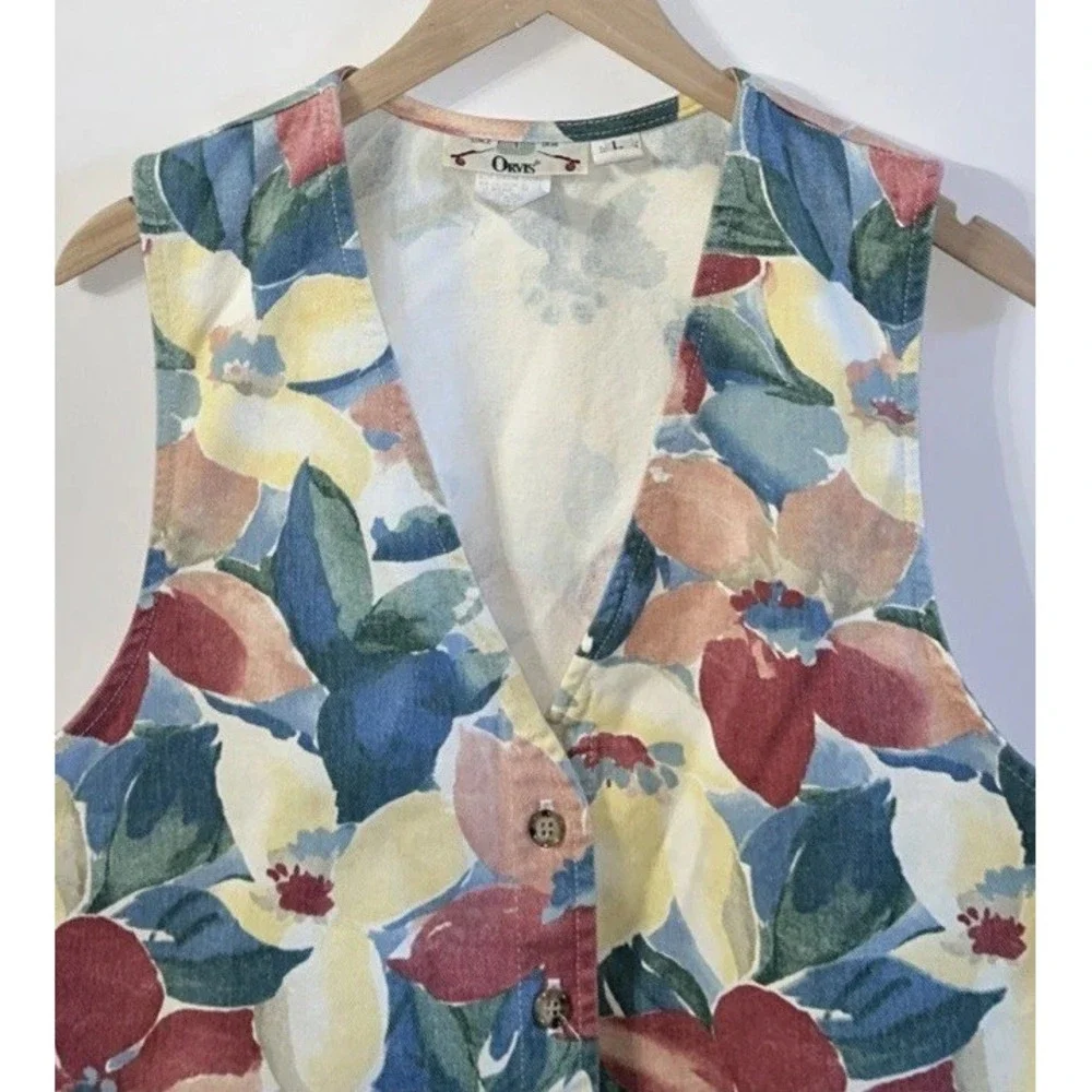 Women's Vintage ORVIS Denim Floral Print Cottagecore Button Front Vest‎ Large EC